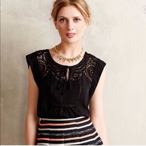 Meadow Rue Anthropologie Womens Small Black Tie Front Crochet Blouse - EUC